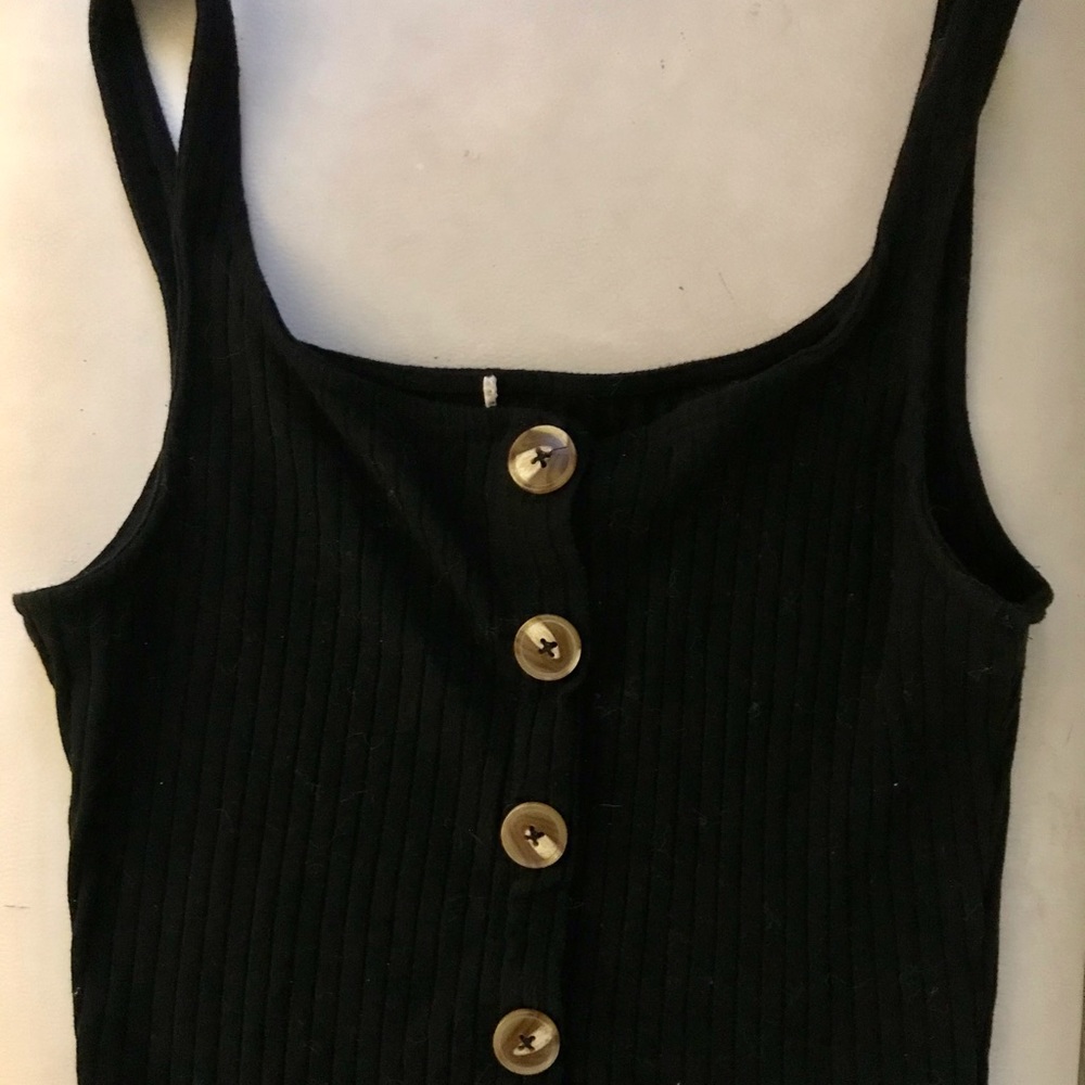 Black Ribbed Tank Top with Turtle Shell Buttons